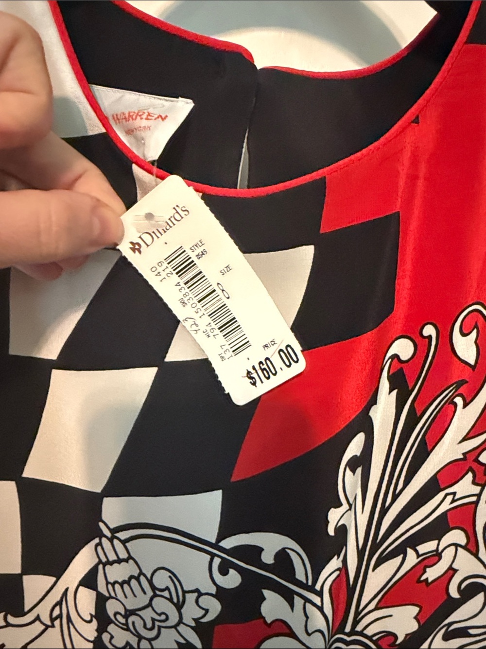 Vintage 80s 90s Deadstock David Warren 100% Silk Black and Red Graphic Dress - Picture 3 of 8